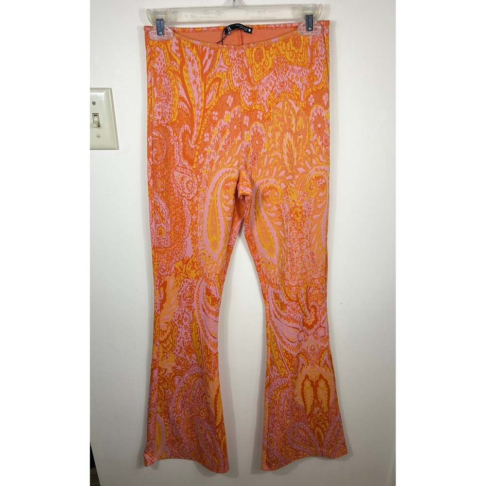 Zara Flare Pants‎ Women S Orange Pink Paisley Jacquard Knit 70s Revival Sleaze